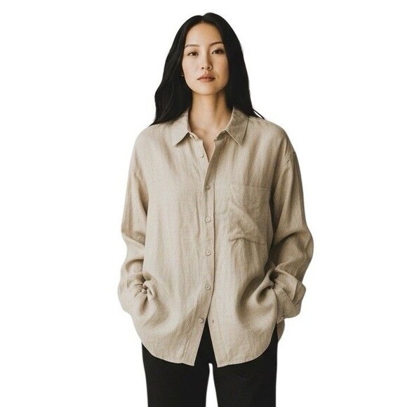 Zara Oversized Linen Blend Shirt Womens Medium Long Sleeve Beige Button Down Top - Picture 3 of 12